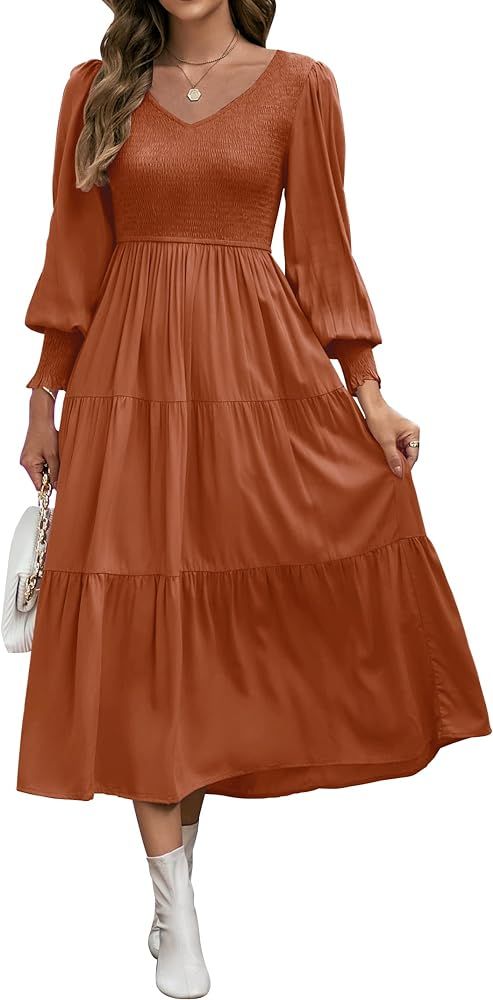 ZESICA Women's 2023 Casual Long Sleeve Crew Neck High Waist Smocked Flowy Tiered Midi Dress | Amazon (US)