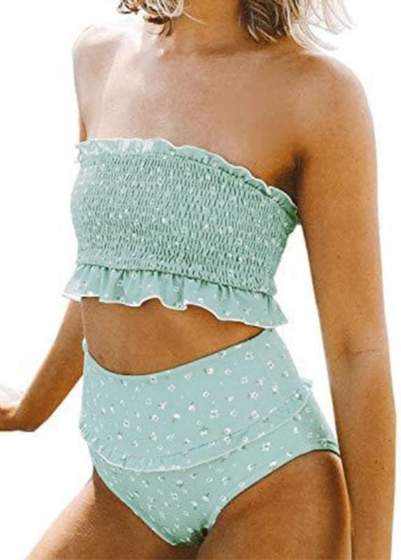 Dokotoo Women Cute High Waist Strapless Smocked Bikini Sets Swimsuit Bathing Suit | Amazon (US)