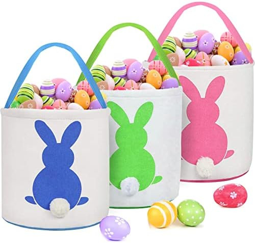 3 PCS Easter Eggs Hunt Basket for Kids Canvas Bunny Basket Egg Bags Rabbit Fluffy Tails Party Cel... | Amazon (US)