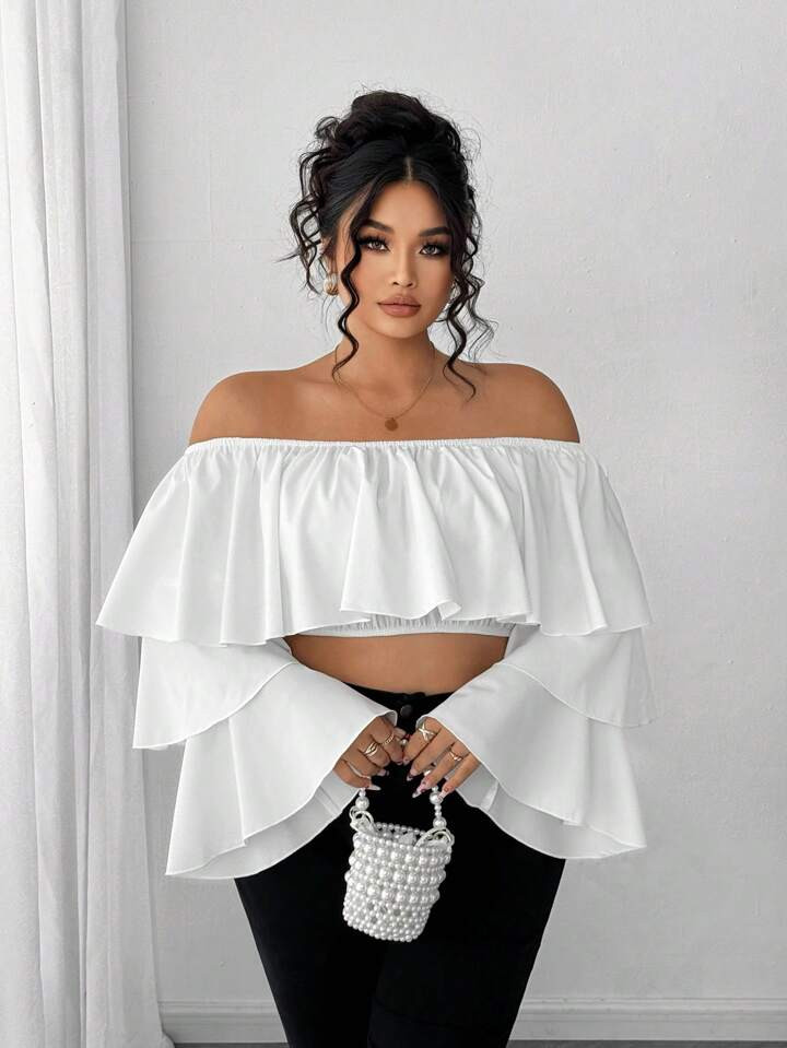 Elenzga Open Shoulder Ruffle Trim Women Long Sleeve Square Collar Blouse, Elegant Going Out Top | SHEIN