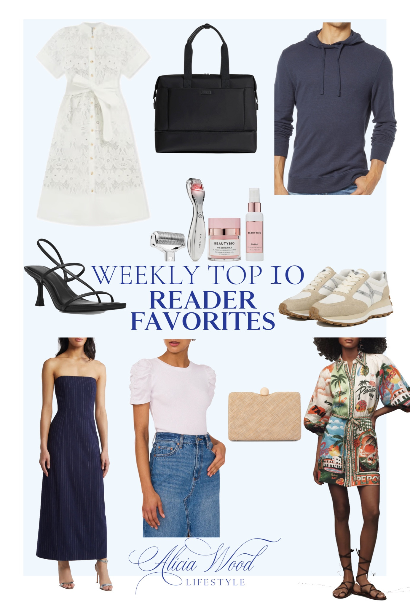 Weekly Top 10!

White lace detail dress
Dagne Dover duffle
Men’s slub cotton hoodie
Black straps sandals 
Veronica beard Valentina sneakers 
Neutral sneakers
Beauty bio micro needling set
Navy pinstripe strapless maxi dress
Puff sleeve tshirt
Woven clutch 
Printer romper 

#LTKSeasonal #LTKStyleTip #LTKOver40