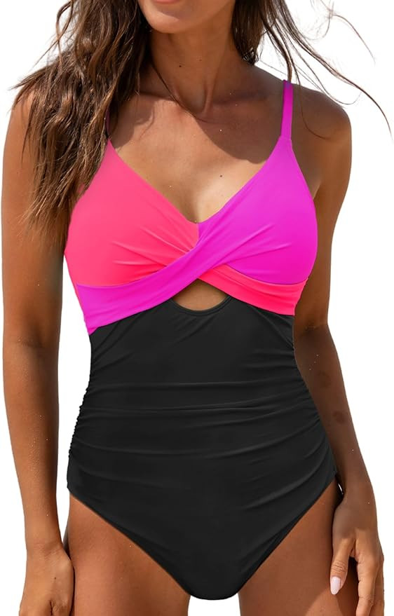 popvil One Piece Swimsuit Women Tummy Control Hight Waisted Bathing Suit V Neck Swimwear Neon Sex... | Amazon (US)