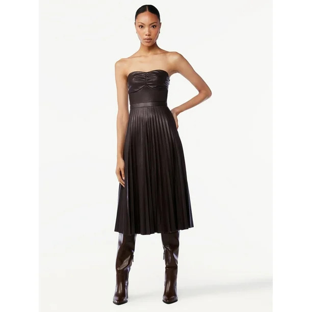 Scoop Women's Faux Leather Strapless Pleated Midi Dress - Walmart.com | Walmart (US)