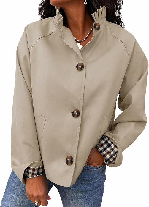 Cicy Bell Womens Ruffle Short Trench Coat Single Breasted Cropped Jackets | Amazon (US)