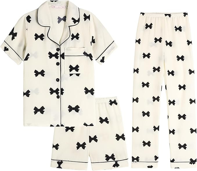Big Girls Button Down Pajama Set 3pcs Short Sleeve Long Pants with Shorts Crepe Wrinkled Fabric S... | Amazon (US)