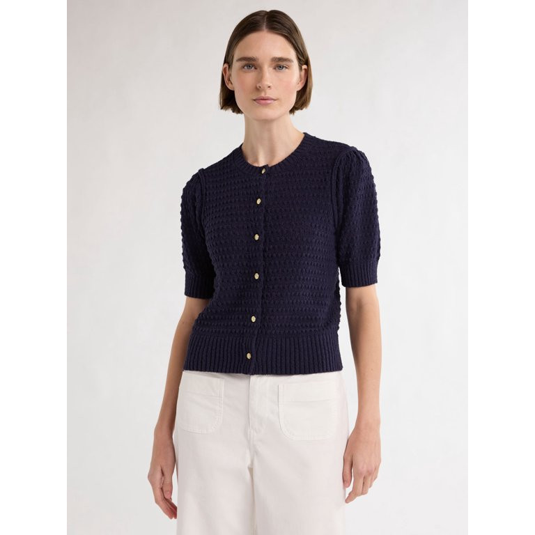 Free Assembly Women’s Textured Cardigan Sweater with Short Puff Sleeves, Lightweight, Sizes XS-... | Walmart (US)