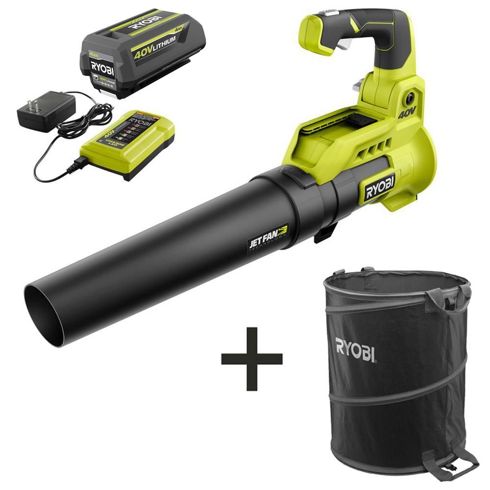 RYOBI 110 MPH 525 CFM 40-Volt Lithium-Ion Jet Fan Leaf Blower with Lawn and Leaf Bag - 4.0 Ah Batter | The Home Depot