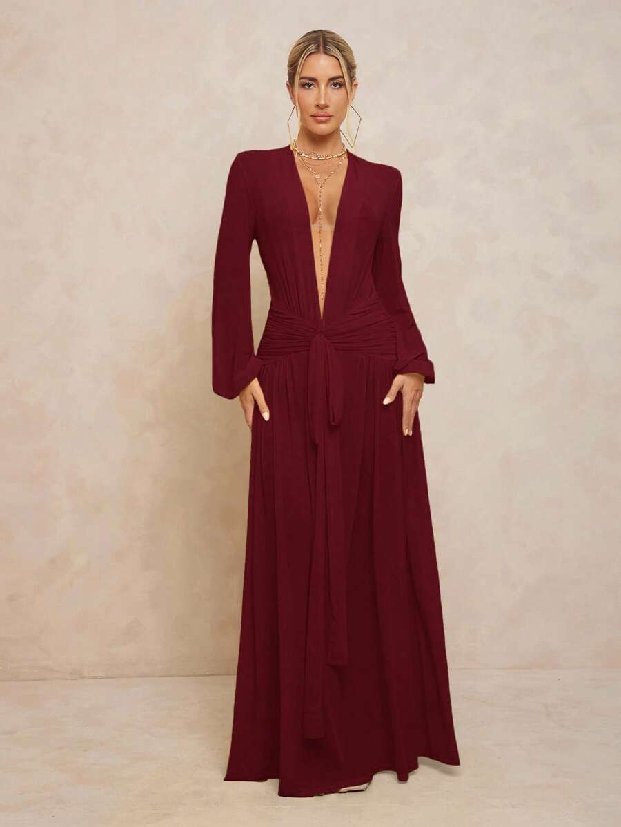 Lumalex Women's Extra Long Dress With Leggings, Sheer V-Neck, Puff Sleeves, Ruched Tie-Up, Detach... | SHEIN