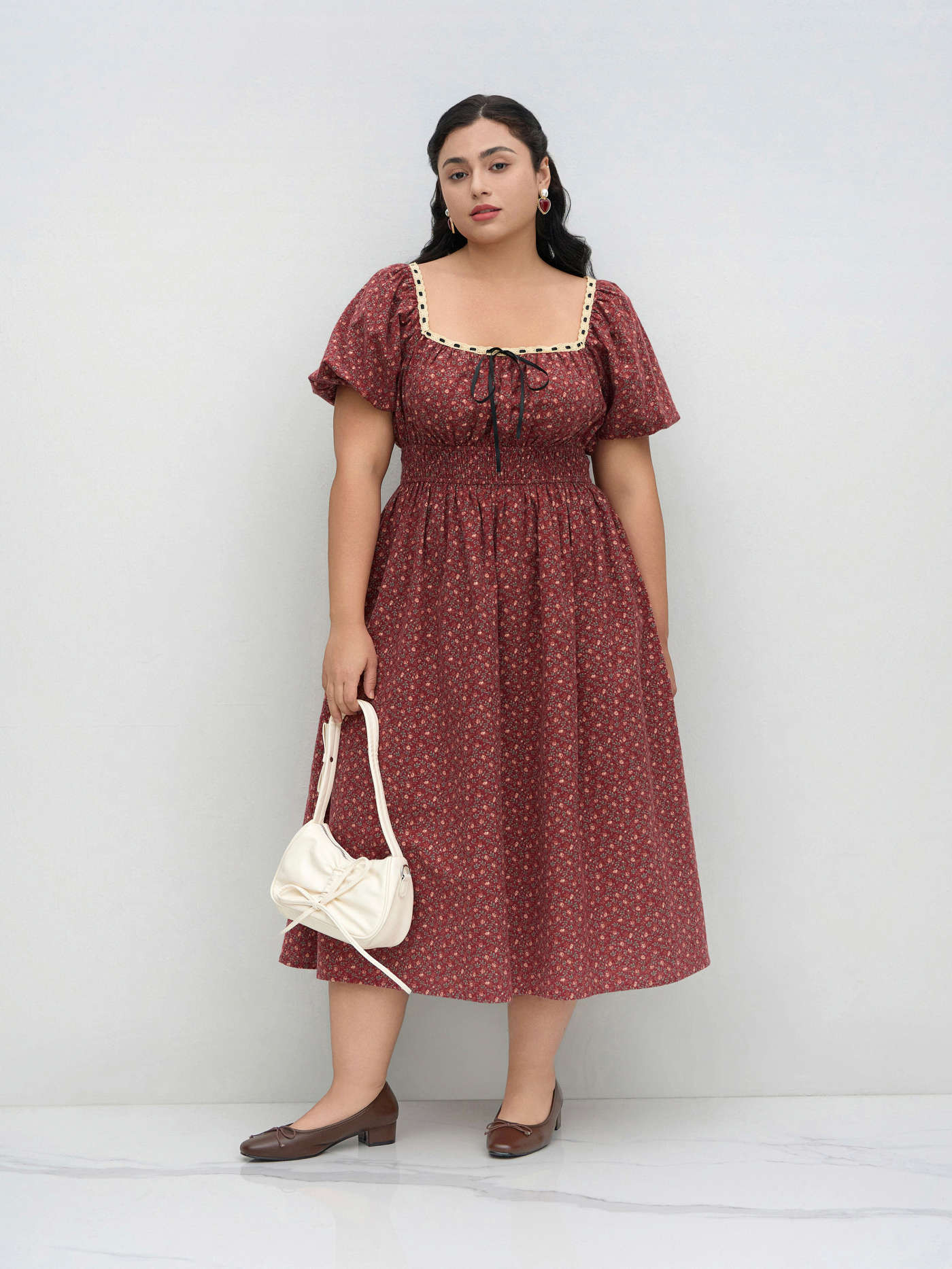 Woven 100% Cotton Ditsy Floral Shirred Knotted Midi Dress Curve & Plus For Daily Casual | Cider
