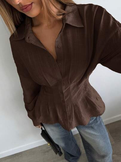 Aloruh Women's Apricot Casual Business Loose Waist Pleated Collar Long Sleeve Shirt, Autumn/Winter Chocolate Brown Top | SHEIN
