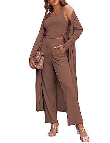 Ekouaer Lounge Sets For Women 3 Piece Outfits Track Suits Set Top Cardigan And Wide Leg Long Pants Brown,M | Amazon (US)