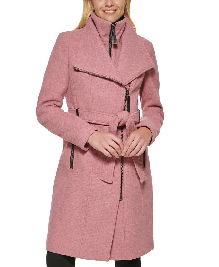 Women's Petite Faux-Leather-Trim Wrap Coat | Macys (US)