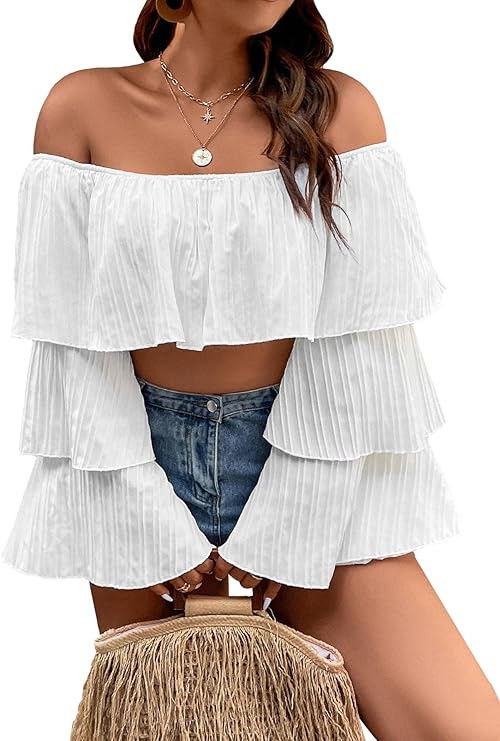 SOLY HUX Women's Plus Size Off The Shoulder Ruffle Layered Long Sleeve Crop Top Blouse | Amazon (US)