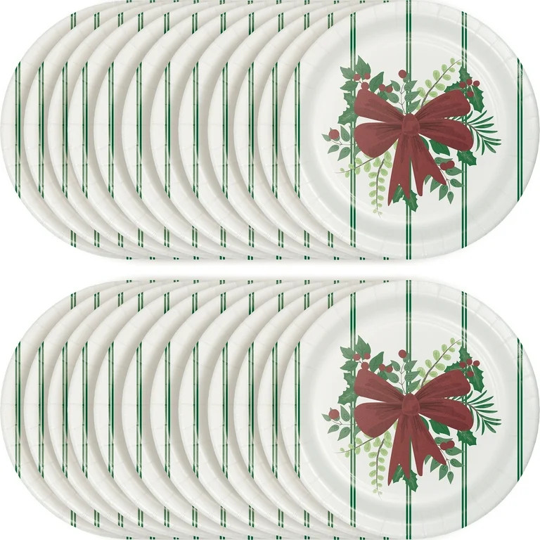 Holly Bow Christmas Disposable Paper Plates, 7", Red and Green, 24 Count, by Holiday Time | Walmart (US)