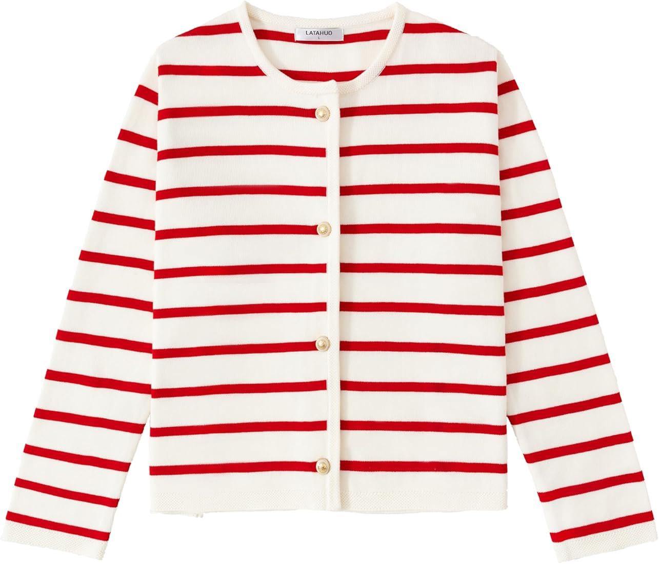 LATAHUO Women's Striped Cardigan Sweater Trendy Long Sleeve Button Down Crewneck Knit Cardigans | Amazon (US)