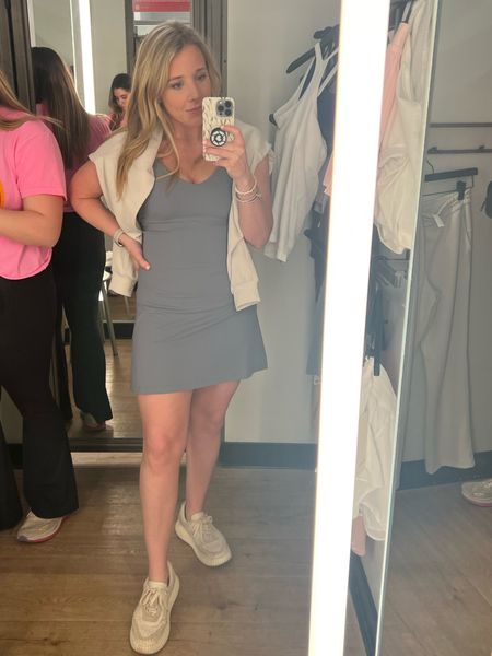 The cutest tennis dress! It’s a blue gray color; I paired with an off white softstreme crew pullover which matches the sandstone sneakers! 

Details I love about this dress, the built in shorts pull down in the back and it includes ball pockets. The align fabric has the world famous buttery soft feel! 

This would be a cute travel outfit!

#LTKstyletip #LTKtravel #LTKfitness