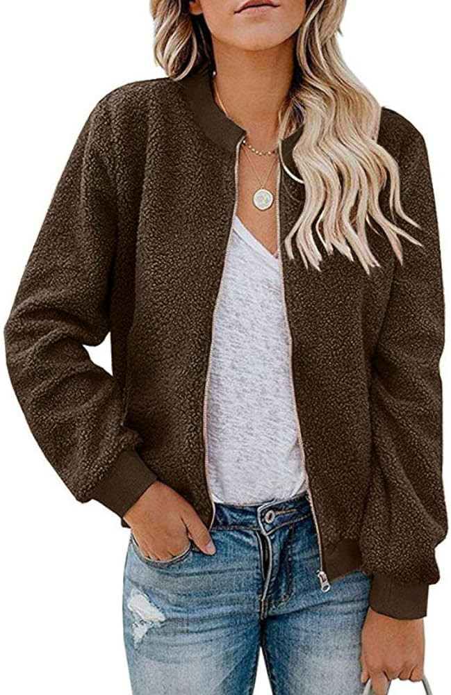 MIROL Women's Sherpa Fleece Jacket Faux Fuzzy Long Sleeve Casual Zip Up Bomber Coat | Amazon (US)