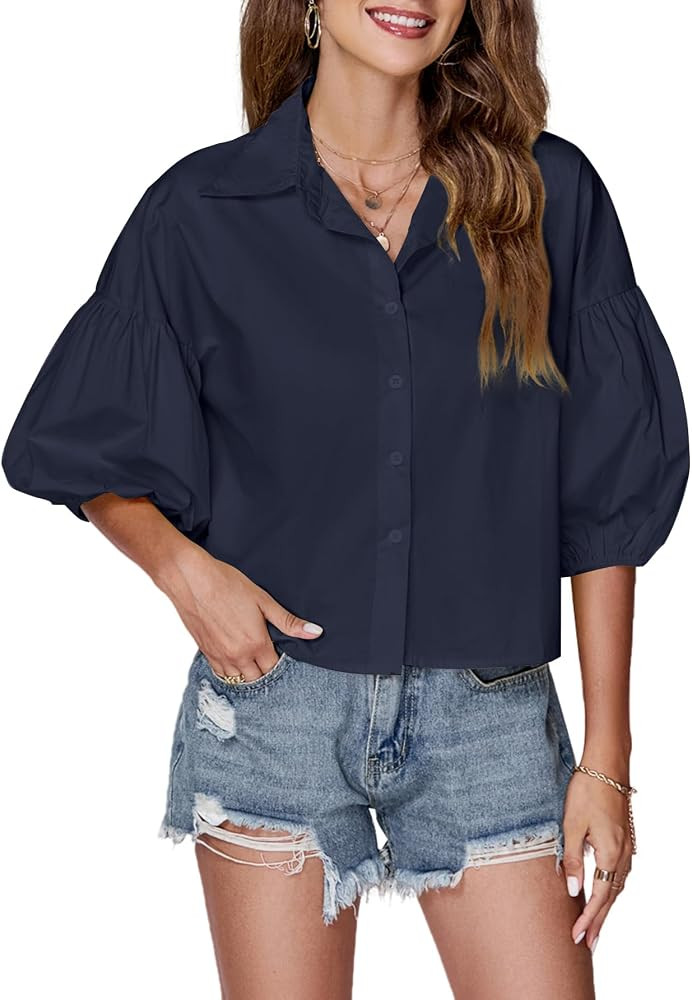 LYANER Women's Collar V Neck Button Down Lantern Short Sleeve Blouse Crop Top Shirt | Amazon (US)