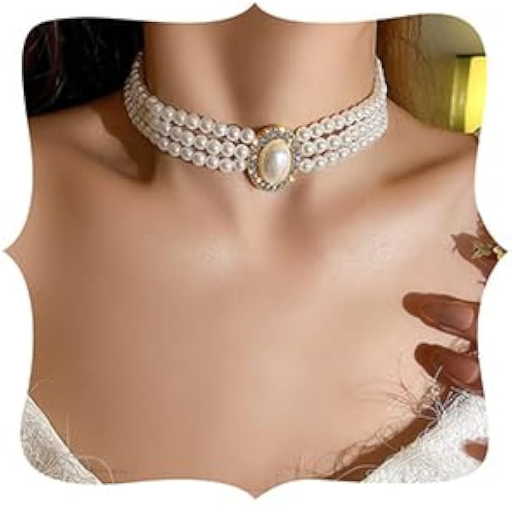 Octwine Boho 3 Tier Multilayer Dainty Rhinestones Pearls Chunky Short 1920s Choker Necklace | Amazon (US)