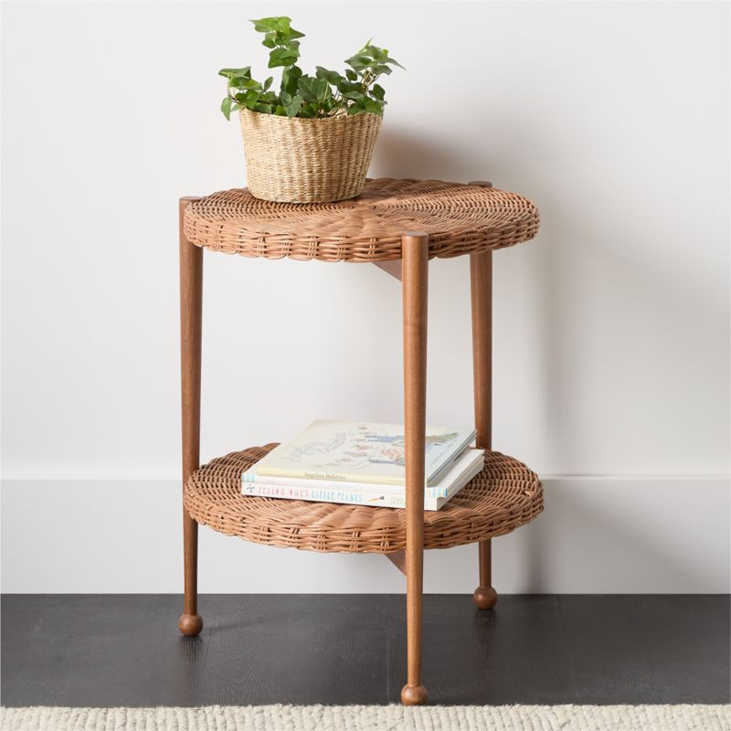 Margot 18"" Wicker and Brown Wood Round Nursery Side Table | Crate & Barrel