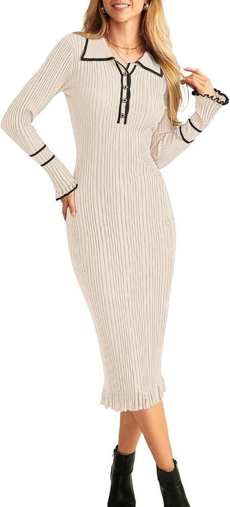 GRACE KARIN Women's 2024 Long Sleeve Sweater Dress Button Knit Slim Fit Casual V Neck Elegant Bod... | Amazon (US)