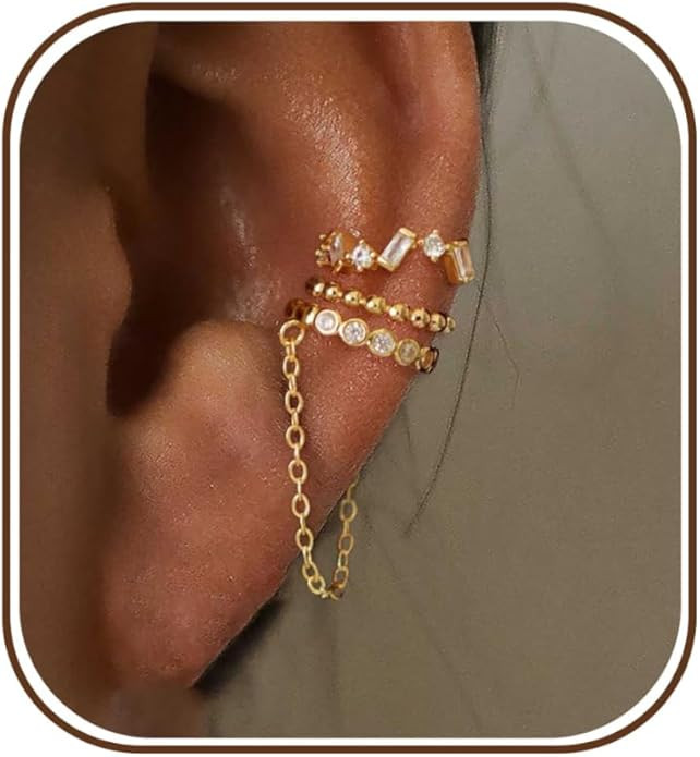 Ear Cuff Earrings for Women Non Piercing,Dainty 14K Gold Plated Chain Cartilage Earrings Set Gold... | Amazon (US)