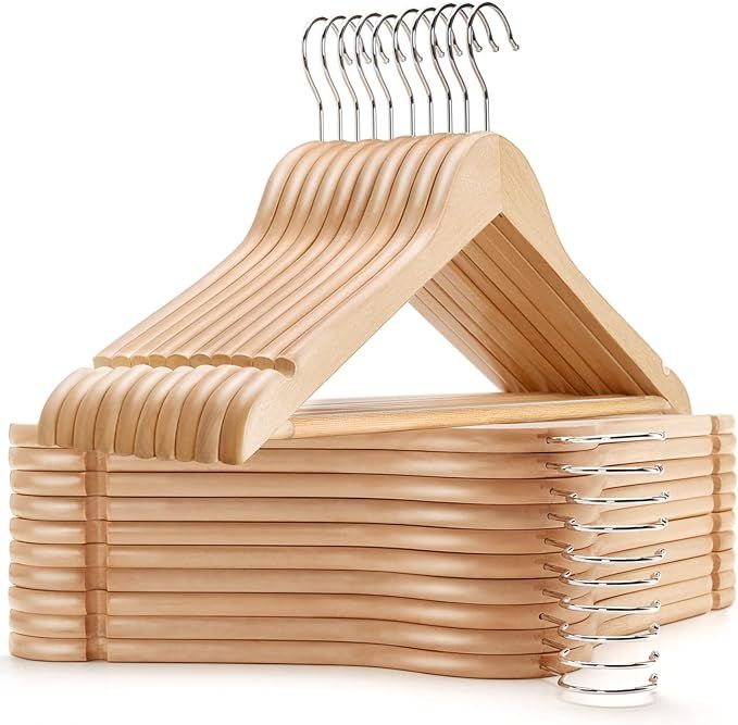Amber Home Wooden Coat Hangers 20 Pack, Natural Wood Suit Hangers with Non Slip Pant Bar, Clothes... | Amazon (US)