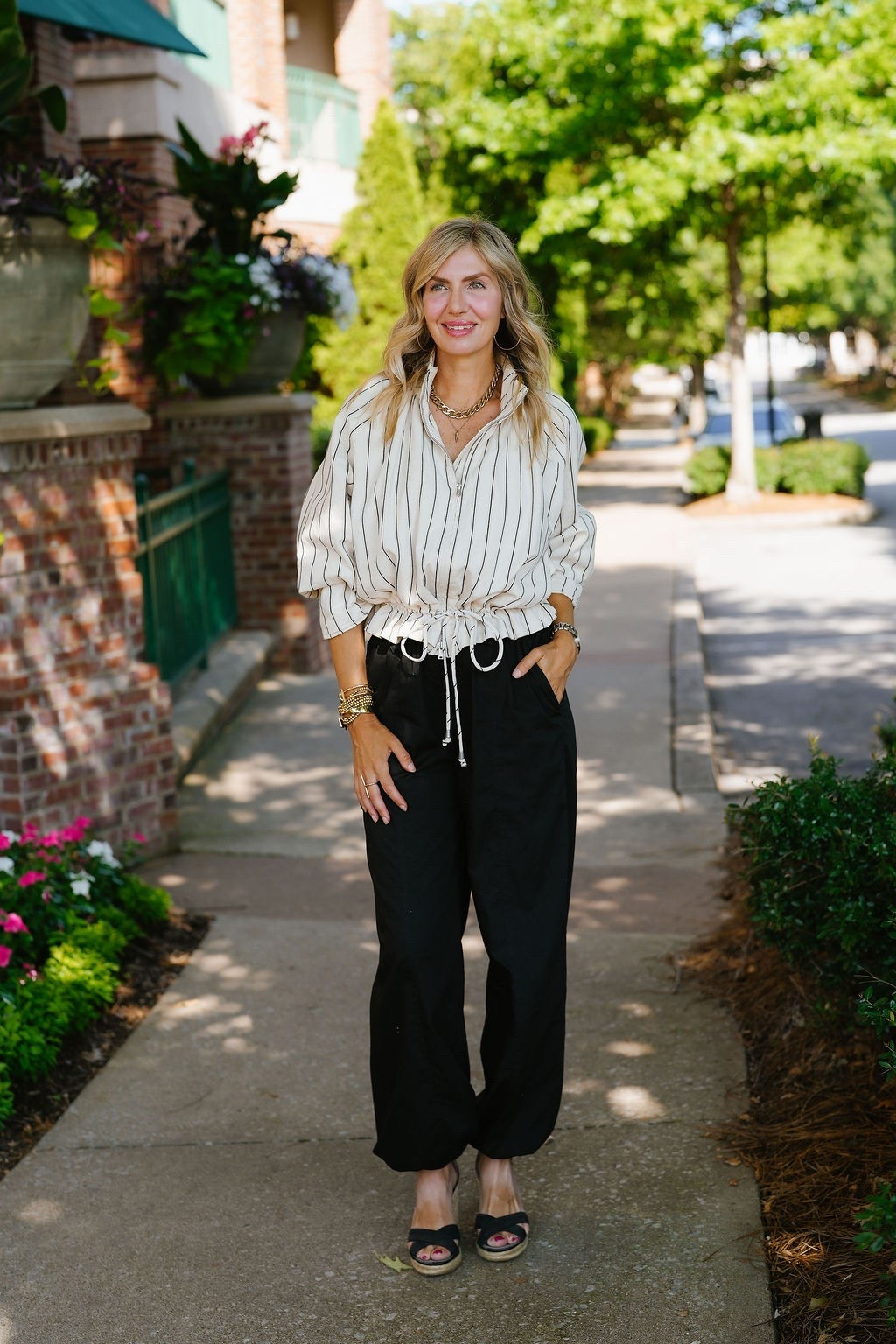 OOTD ✨ Striped tie-front blouse + black wide-leg pants + black platform sandals. An easy black & white combo that feels polished, comfortable, and perfect for a summer day. Finished with layered gold jewelry + hoops for a little extra ✨ Everything shoppable below! 👇
#LTKdayinmylife #LTKootd #LTKOver40