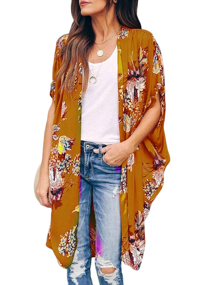 Ivay Womens Floral Kimono Duster Cardigans Short Sleeve Draped Oversized Beach Cover Up Cape | Amazon (US)
