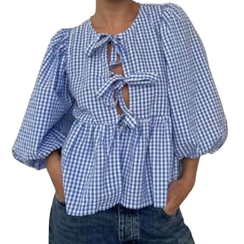 summer outfit inspo — gingham blue tie top and pearl necklace | Amazon (US)