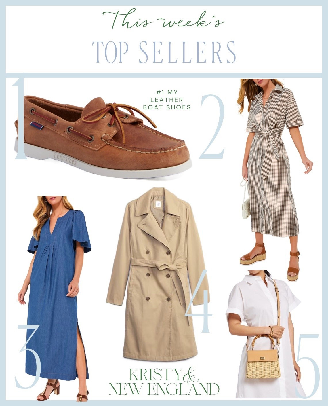 Top Sellers of the Week #1 leather boat shoes #2 brown gingham dress #3 chambray maxi dress #4 tan twill trench coat #5 wicker crossbody bag

#LTKFindsUnder100 #LTKItBag #LTKShoeCrush