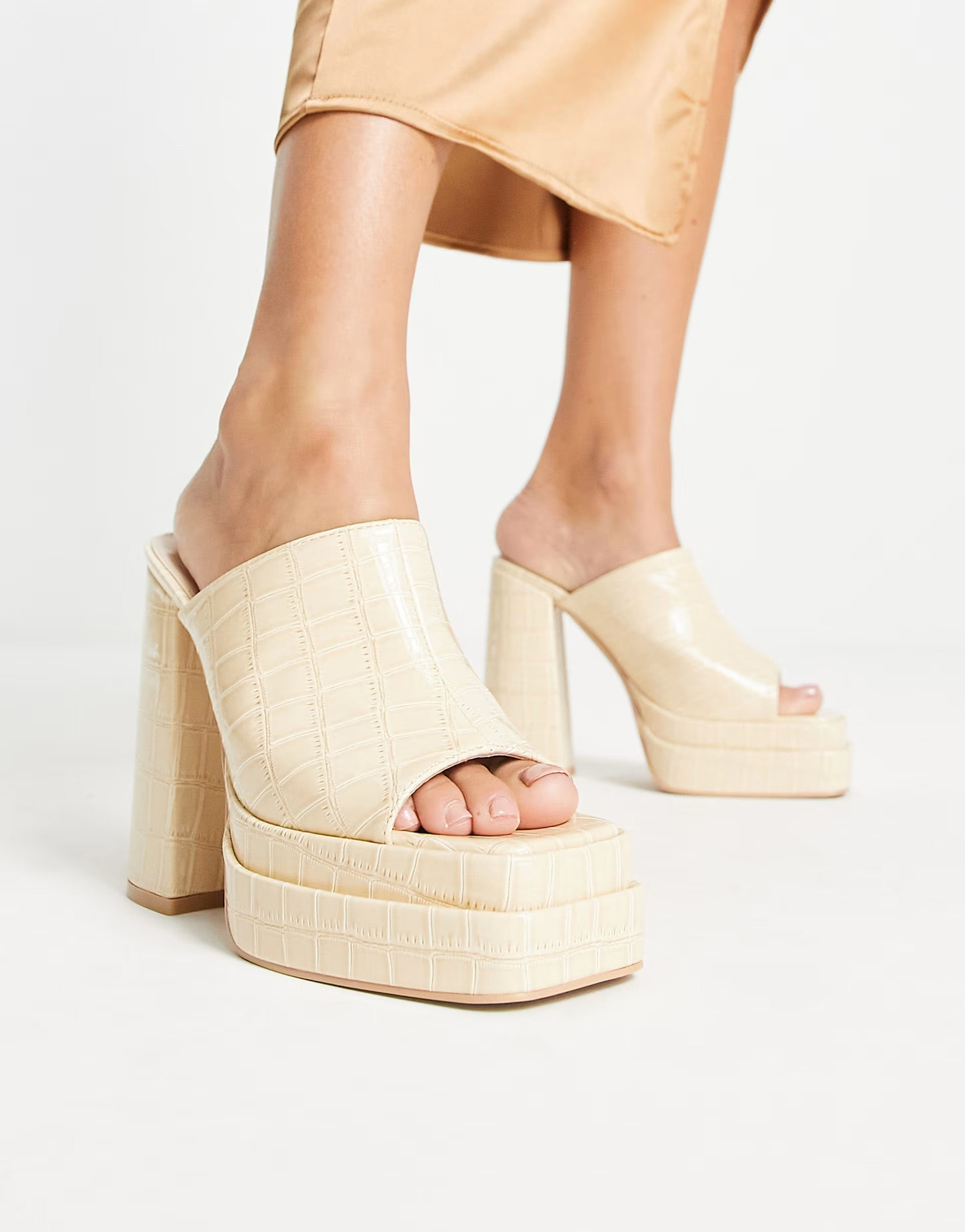 RAID Wide Fit Piya platform heel mules in ecru croc | ASOS (Global)