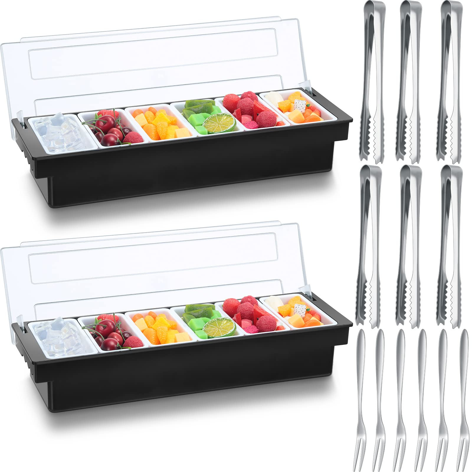 2 Ice Cooled Garnish Tray Deck Bar Garnish Caddy Condiment Containers with Lids and Removable Chilled Condiment Server with 6 Tongs and 6 Fruit Forks (6 Compartments) | Amazon (US)