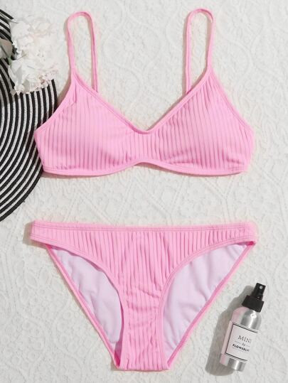 Plain Rib Bikini Swimsuit | SHEIN