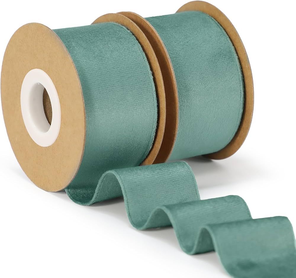 Keypan Sage Green Velvet Ribbon, 1-1/2 inch Wide Handmade Fabric Ribbon for Christmas Decor, Flow... | Amazon (US)