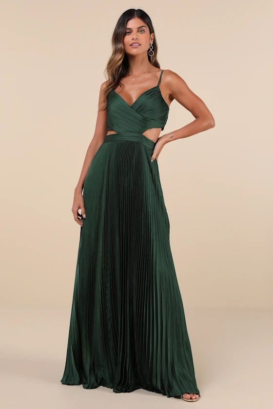 Emerald Green Pleated Cutout Maxi Dress | Emerald Green Dress | Lulus