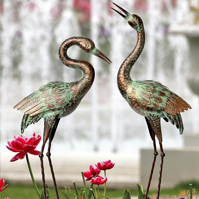 Garden Crane Statues, Blue Heron Sculptures for Outdoor, Cranes Decor Metal Bird, Patina Garden A... | Amazon (US)