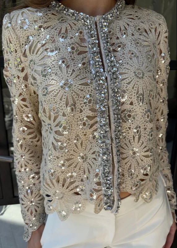 Ivana Rhinestone and Sequin Adorned Crochet Lace Cardigan Top - Champa | Benaar La