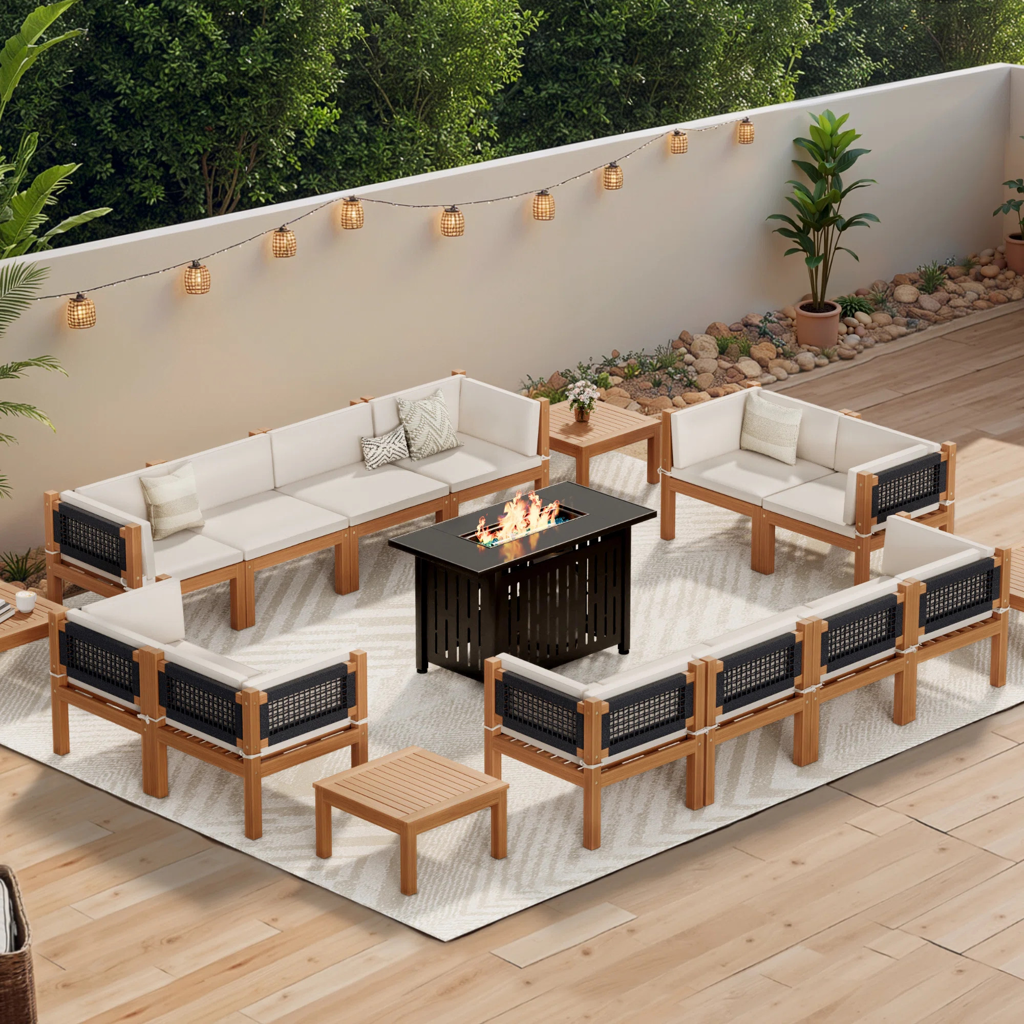 Patio Furniture outdoor acacia wood patio conversation sofa set with table, cushion, stove, porch... | Wayfair North America