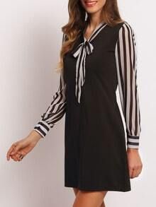 Black Bow Collar Striped Slim Dress | Romwe