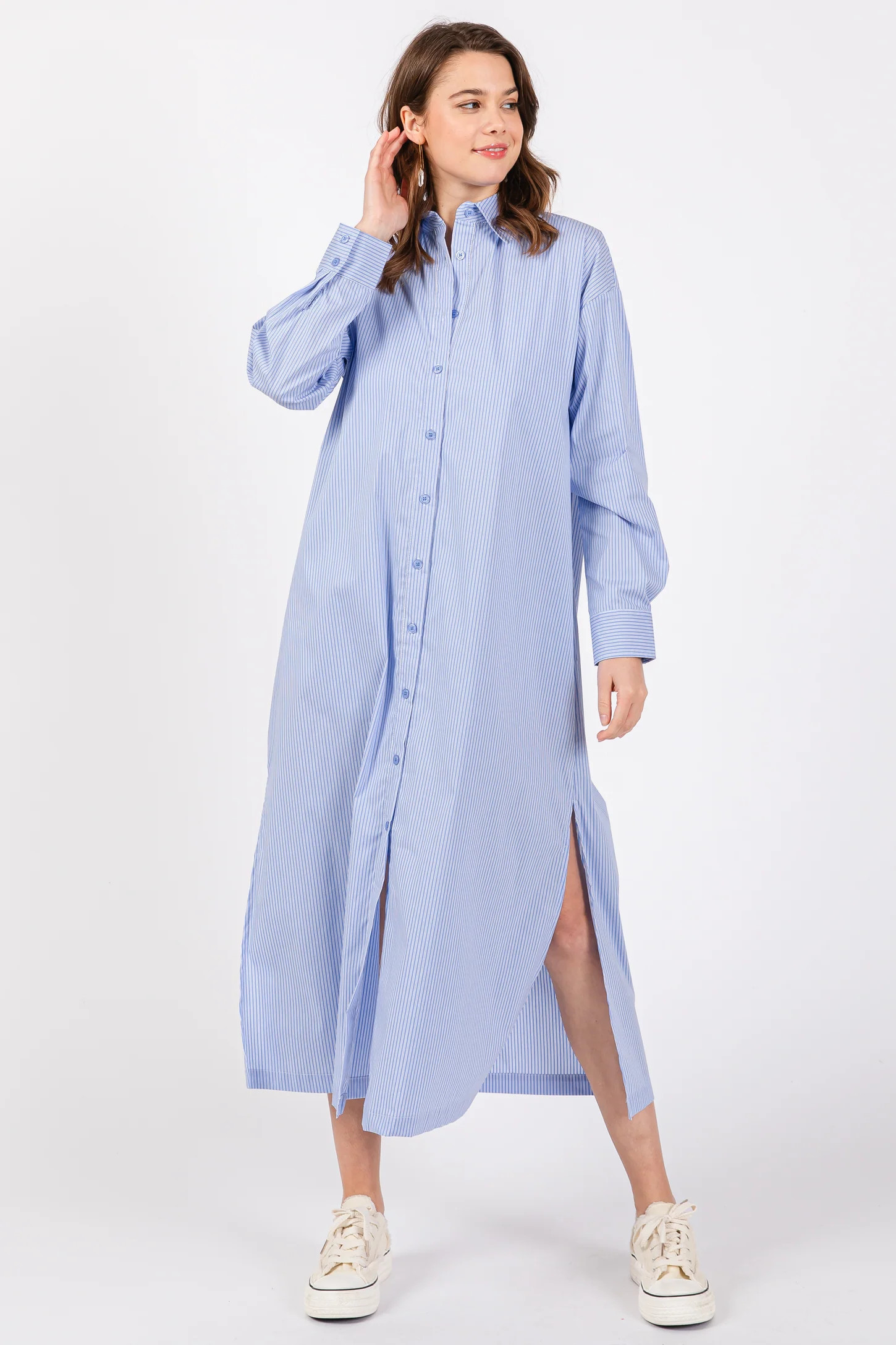 Blue Pinstriped Button Front Side Slit Midi Shirt Dress | PinkBlush Maternity