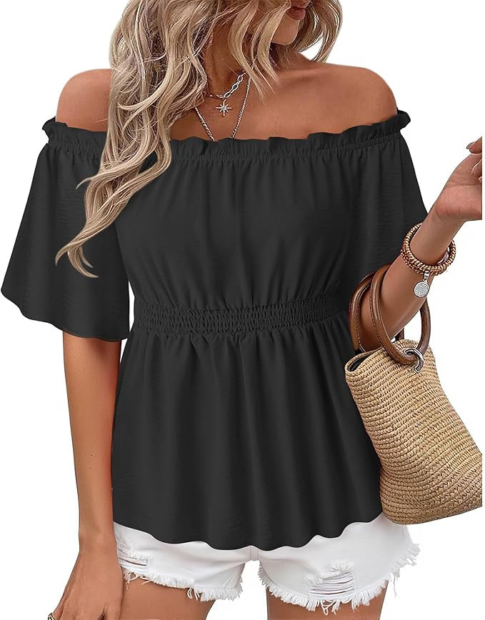 Bebonnie Women's Summer Sexy Off The Shoulder Peplum Tops Ruffle Sleeve Dressy Blouses | Amazon (US)