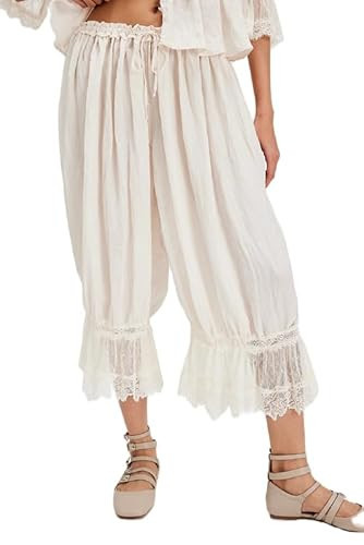 Women Y2K Bloomer Pants Lace Trim Loose Fit Ruffle Bloomers Elastic Waist Cropped Pumpkin Pettipants Pajama Bottom | Amazon (US)