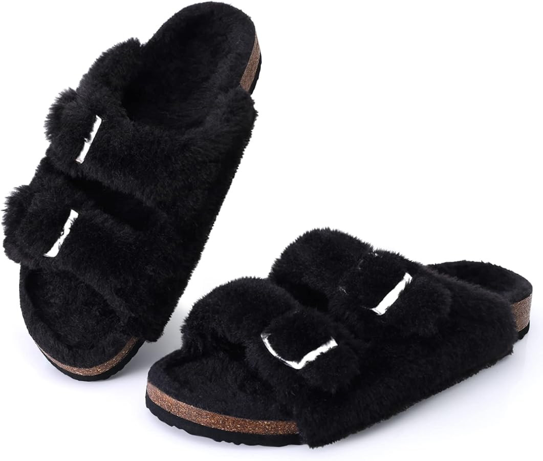 KIDMI Fuzzy Slippers Women with Cork Footbed Fluffy Slide Sandals Open Toe Indoor House Shoes | A... | Amazon (US)