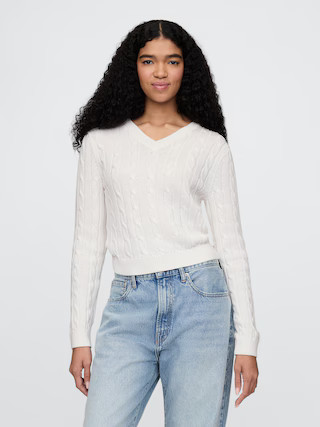 100% Cotton Cable-Knit V-Neck Sweater | Gap (US)