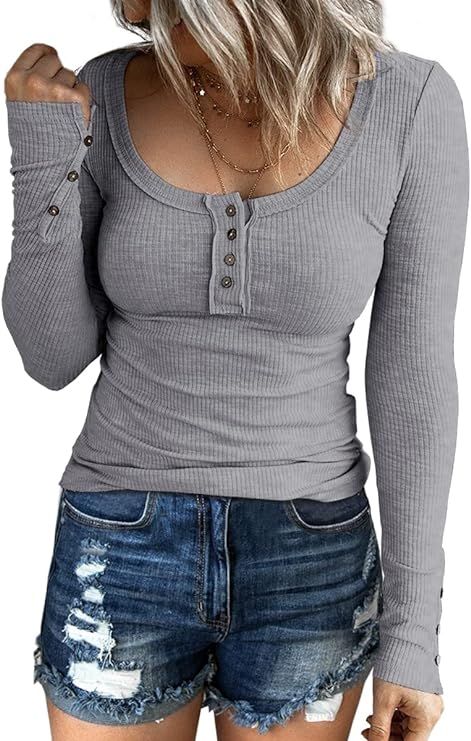 Kissfix Women's Long Sleeve Shirts Casual Fall Henley Top Button Down Blouses Basic Ribbed Knit T... | Amazon (US)