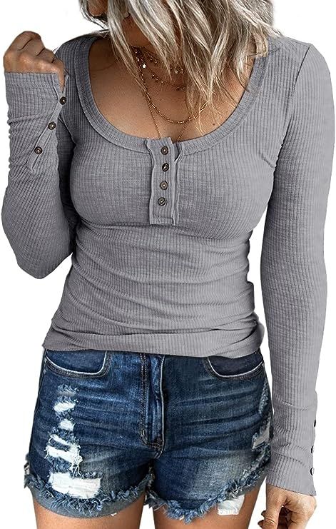 Kissfix Women's Long Sleeve Shirts Casual Fall Henley Top Button Down Blouses Basic Ribbed Knit T... | Amazon (US)