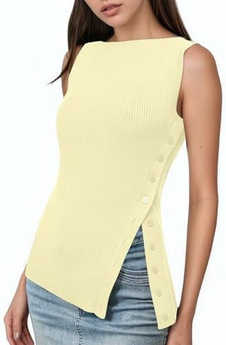 OLAPTA Women Asymmetrical Button Down Side Split Sleeveless Tank Tops Boat Neck Slim Fit Summer C... | Amazon (US)