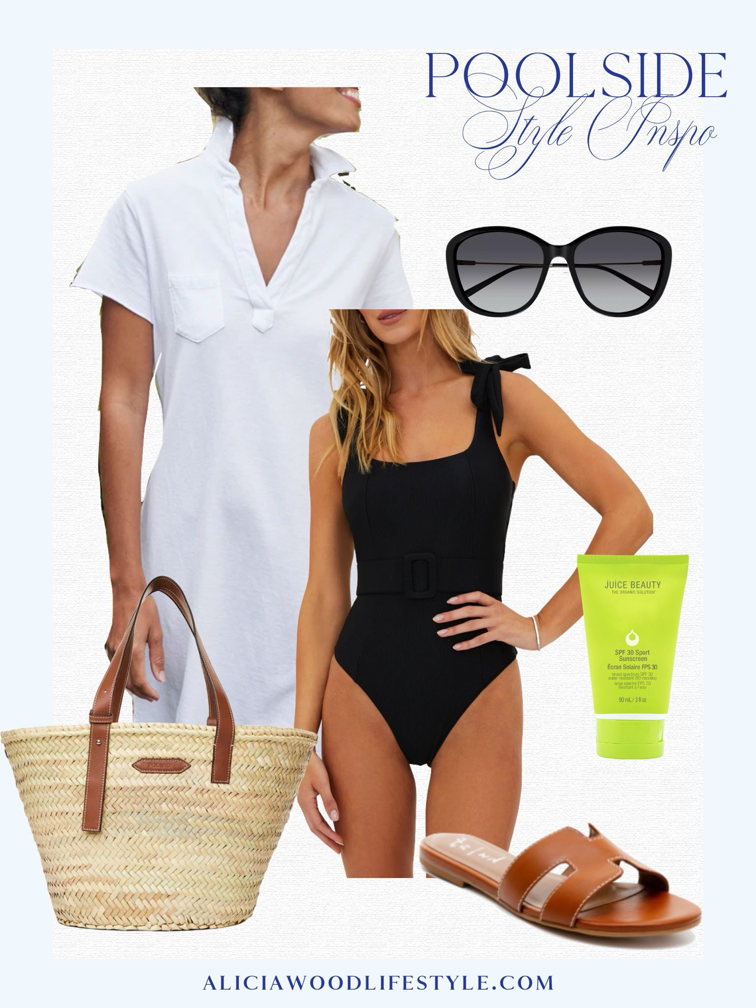 Black one piece suit
White classic cover up
Pool tote
Sandals 
Black sunglasses 
Sunscreen 


#LTKStyleTip #LTKSeasonal #LTKOver40
