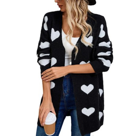 Huresd Heart Cardigans Women Valentine Cardigan Oversized Cute Love Print Sweater Cardigans Casual Knit Sweaters with Pockets Black M | Walmart (US)